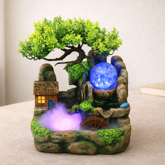 Fonte de Água LED| Cachoeira Feng Shui em Resina com Rodinha da Fortuna e Nebulizador