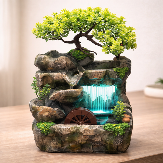 Fonte Zen de Água com Desing de Bonsai e água corrente