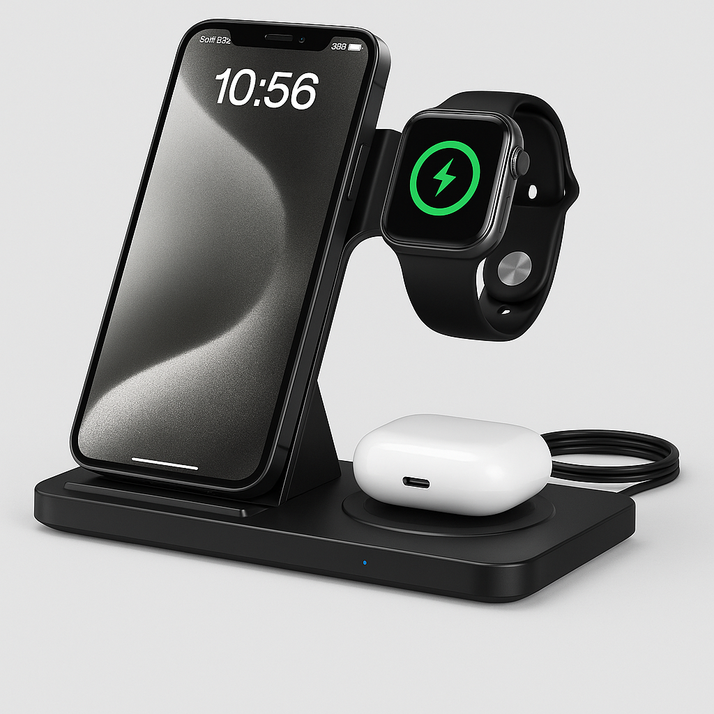 Carregador Sem Fio 3 em 1 Dobrável – iPhone, Apple Watch e AirPods | Samsung