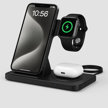 Carregador Sem Fio 3 em 1 Dobrável – iPhone, Apple Watch e AirPods | Samsung