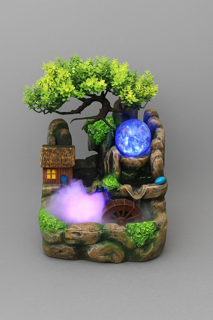 Fonte de Água LED| Cachoeira Feng Shui em Resina com Rodinha da Fortuna e Nebulizador