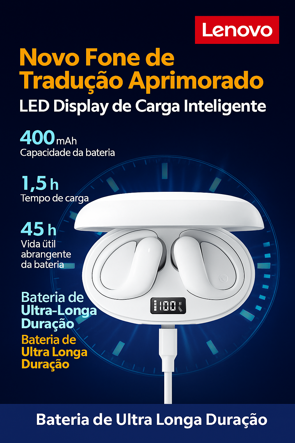 Lenovo XT55 Fone 5.4| Tradução em Tempo Real|Redução de Ruído|Chamadas HD