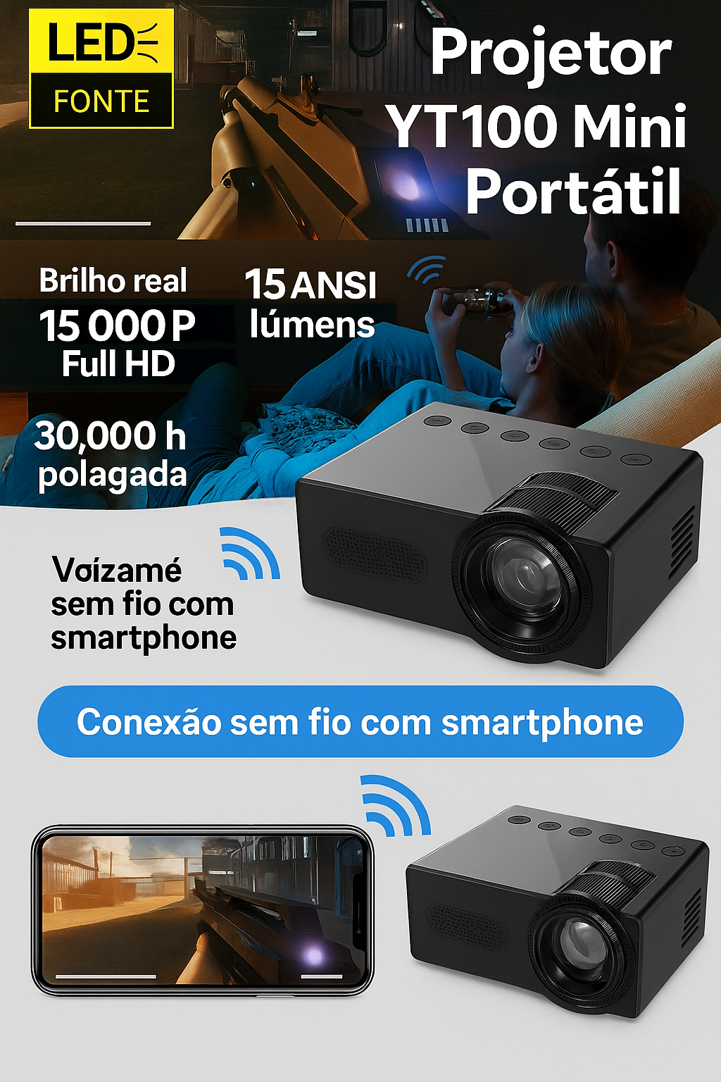 Projetor Portátil YT100 Mini Android WiFi – Cinema em Qualquer Lugar!