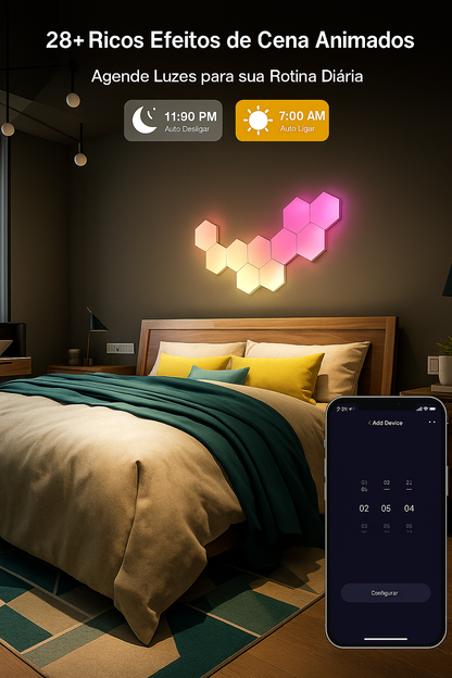 Luminária Inteligente Quantum Hexagonal RGB+| Painel Modular Neon LED para Parede DIY