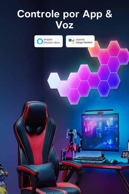 Luminária Inteligente Quantum Hexagonal RGB+| Painel Modular Neon LED para Parede DIY