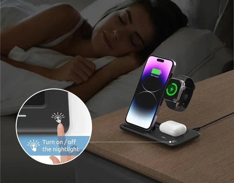 Carregador Sem Fio 3 em 1 Dobrável – iPhone, Apple Watch e AirPods | Samsung