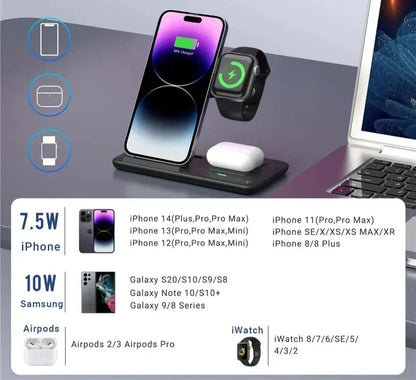 Carregador Sem Fio 3 em 1 Dobrável – iPhone, Apple Watch e AirPods | Samsung