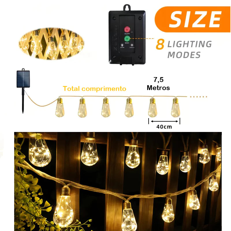 Cordão de Luzes Solares Decorativas 16 Lâmpadas – 7,3m