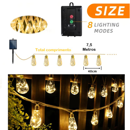 Cordão de Luzes Solares Decorativas 16 Lâmpadas – 7,3m