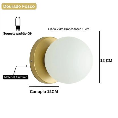 Arandela Slim Globo 10cm Dourado Fosco com LED
